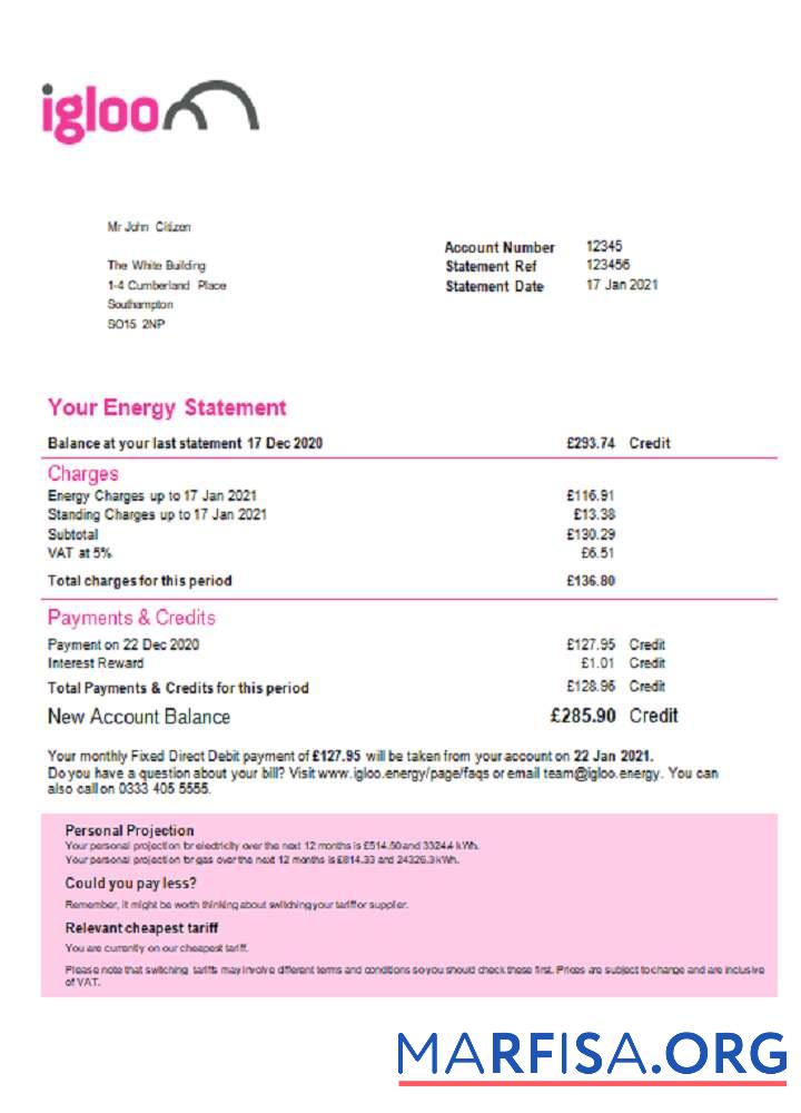 Blank United Kingdom Igloo Energy utility bill template in Word and PDF format